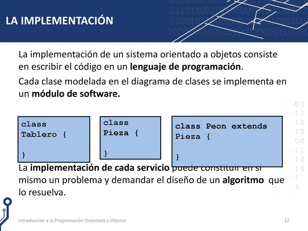LA IMPLEMENTACIÓN La implementación de un sistema orientado a objetos consiste en escribir el código en un lenguaje de programación.