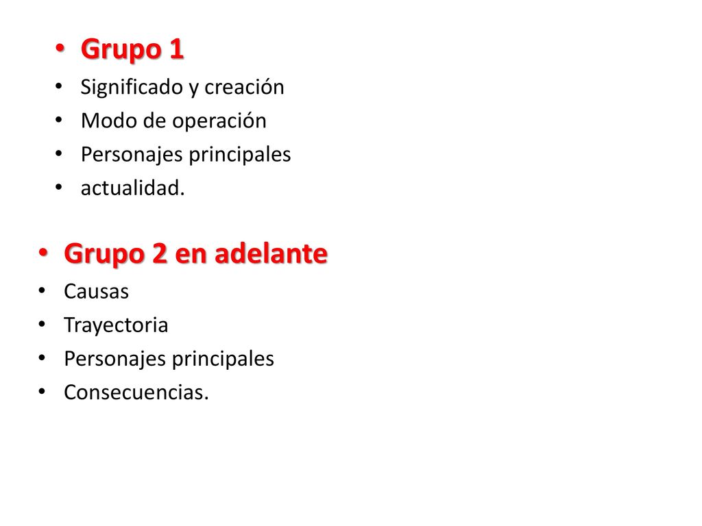 Grupo 1 Grupo 2 en adelante Significado y creación Modo de operación