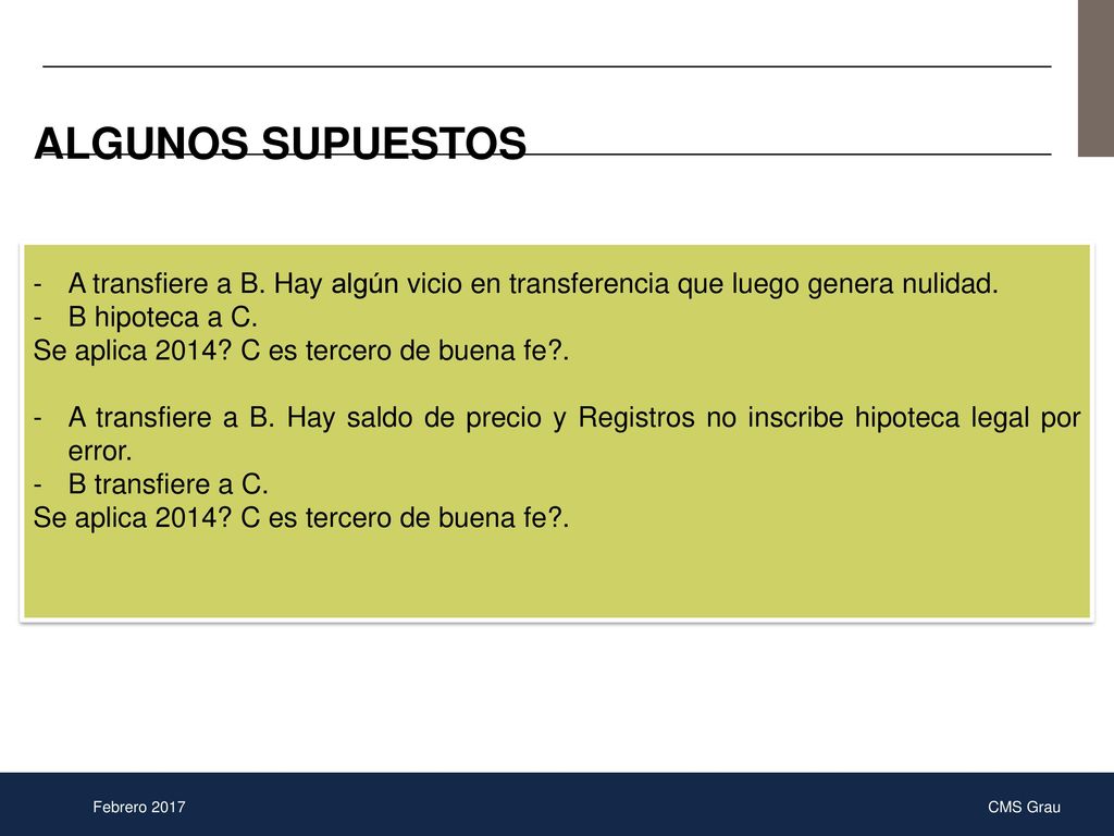 ALGUNOS SUPUESTOS A transfiere a B. Hay algún vicio en transferencia que luego genera nulidad. B hipoteca a C.