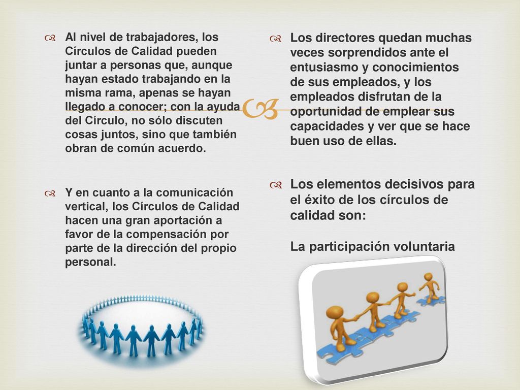 Al nivel de trabajadores, los Círculos de Calidad pueden juntar a personas que, aunque hayan estado trabajando en la misma rama, apenas se hayan llegado a conocer; con la ayuda del Círculo, no sólo discuten cosas juntos, sino que también obran de común acuerdo.