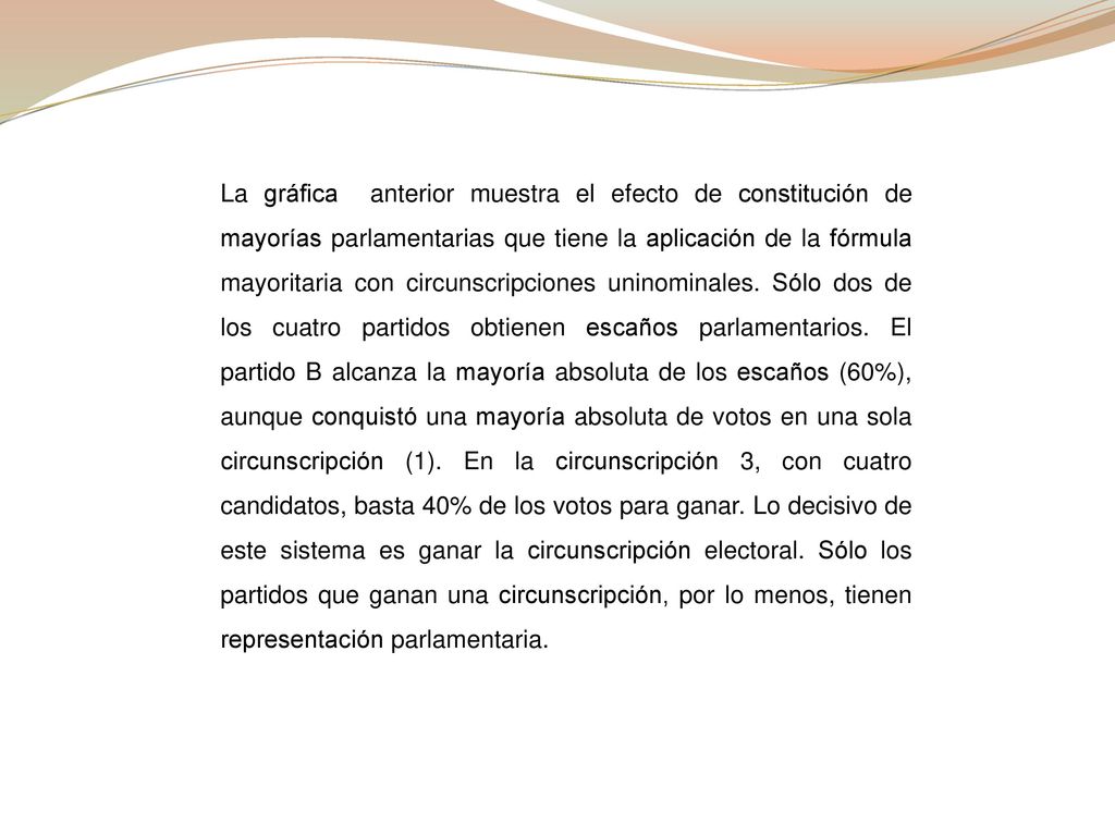 La gráfica anterior muestra el efecto de constitución de mayorías parlamentarias que tiene la aplicación de la fórmula mayoritaria con circunscripciones uninominales.
