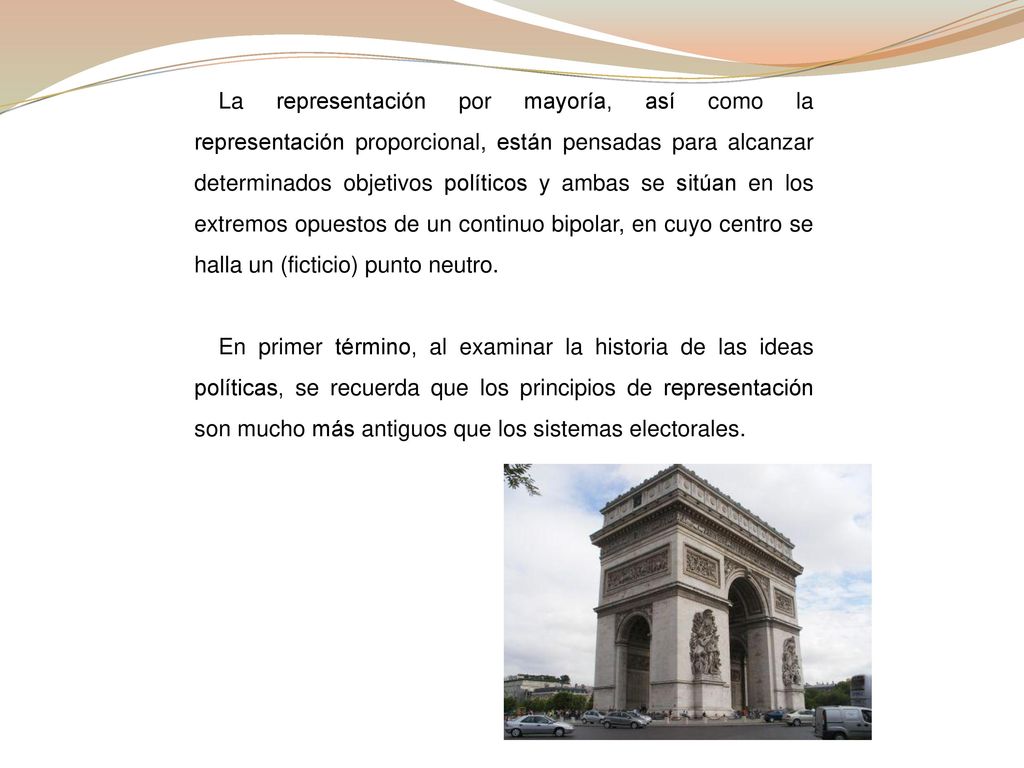 La representación por mayoría, así como la representación proporcional, están pensadas para alcanzar determinados objetivos políticos y ambas se sitúan en los extremos opuestos de un continuo bipolar, en cuyo centro se halla un (ficticio) punto neutro.