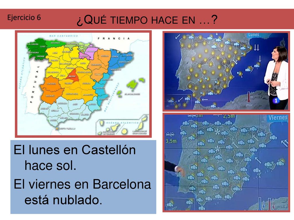 El lunes en Castellón hace sol. El viernes en Barcelona está nublado.