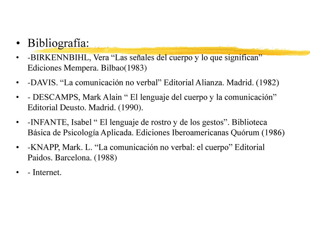Bibliografía: -BIRKENNBIHL, Vera Las señales del cuerpo y lo que significan Ediciones Mempera. Bilbao(1983)