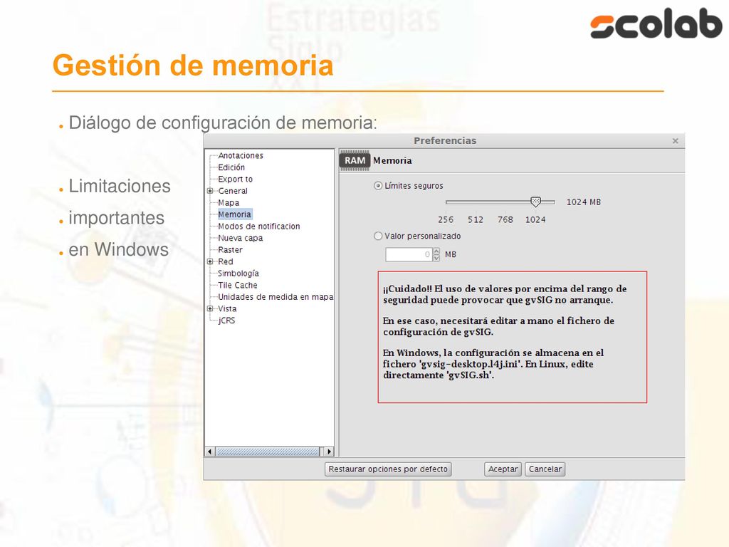Gestión de memoria Diálogo de configuración de memoria: Limitaciones