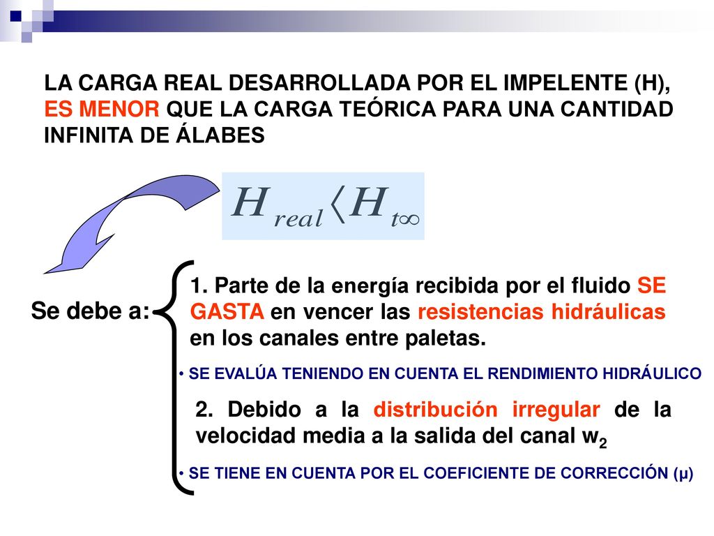 LA CARGA REAL DESARROLLADA POR EL IMPELENTE (H), ES MENOR QUE LA CARGA TEÓRICA PARA UNA CANTIDAD INFINITA DE ÁLABES
