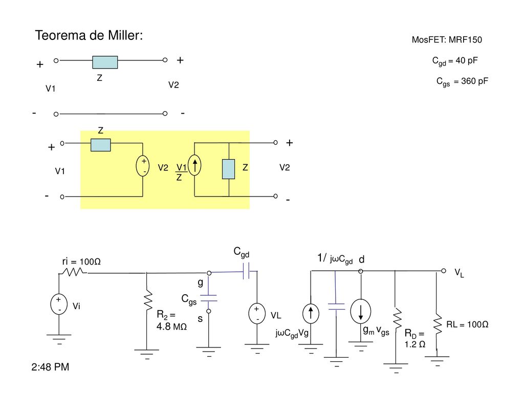 Teorema de Miller: / jωCgd Cgd d ri = 100Ω g Cgs R2 =
