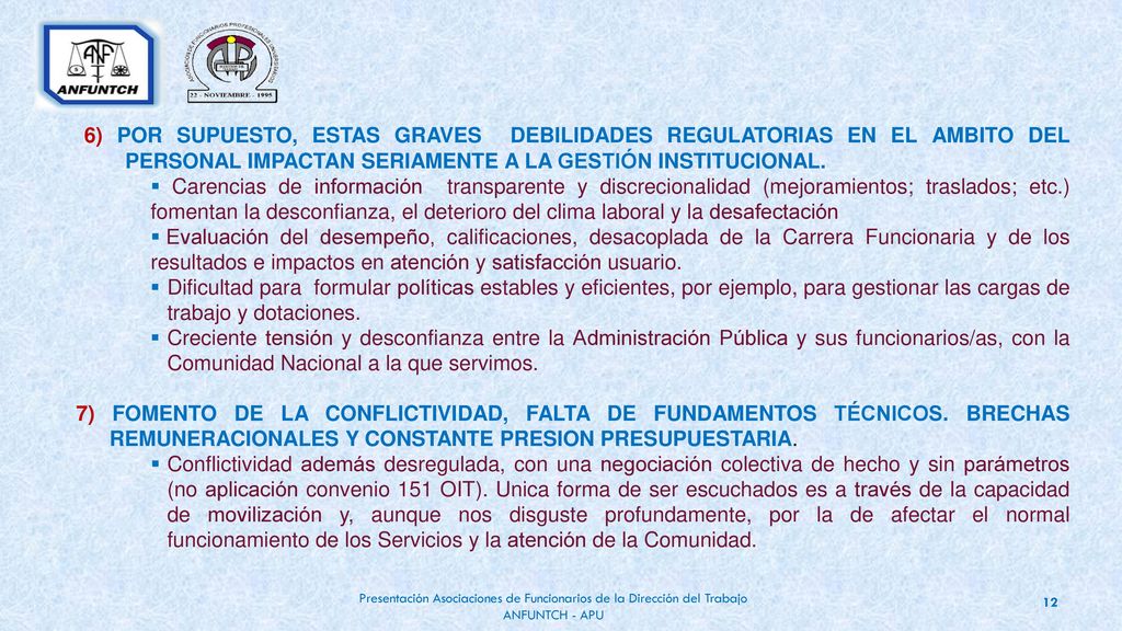 6) POR SUPUESTO, ESTAS GRAVES DEBILIDADES REGULATORIAS EN EL AMBITO DEL PERSONAL IMPACTAN SERIAMENTE A LA GESTIÓN INSTITUCIONAL.