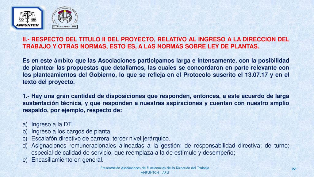 II.- RESPECTO DEL TITULO II DEL PROYECTO, RELATIVO AL INGRESO A LA DIRECCION DEL TRABAJO Y OTRAS NORMAS, ESTO ES, A LAS NORMAS SOBRE LEY DE PLANTAS.