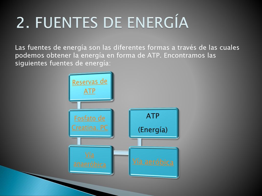 2. FUENTES DE ENERGÍA Reservas de ATP ATP Fosfato de Creatina. PC