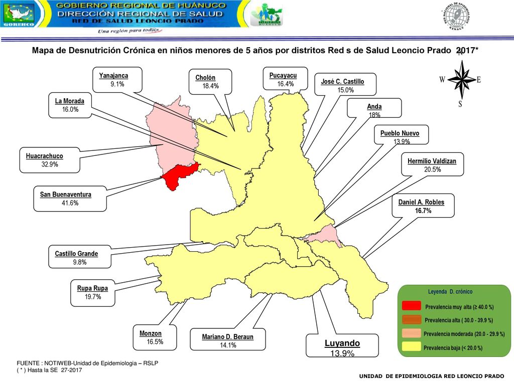 Mapa de Desnutrición Crónica en niños menores de 5 años por distritos Red s de Salud Leoncio Prado 2017*