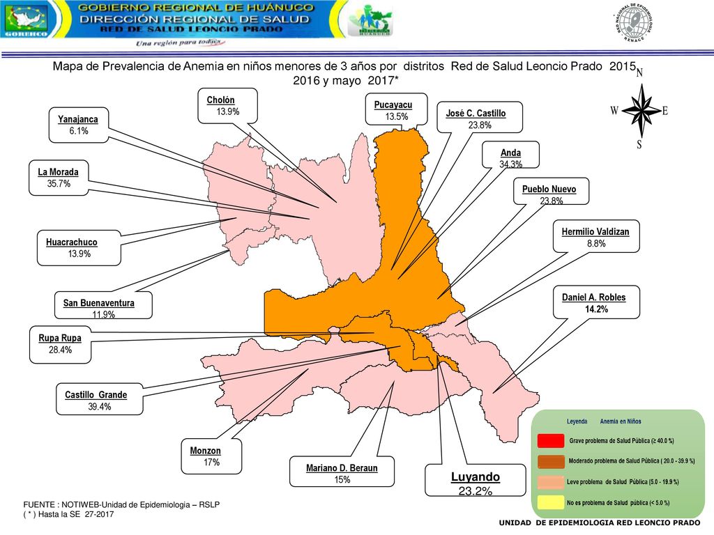 Mapa de Prevalencia de Anemia en niños menores de 3 años por distritos Red de Salud Leoncio Prado 2015, 2016 y mayo 2017*