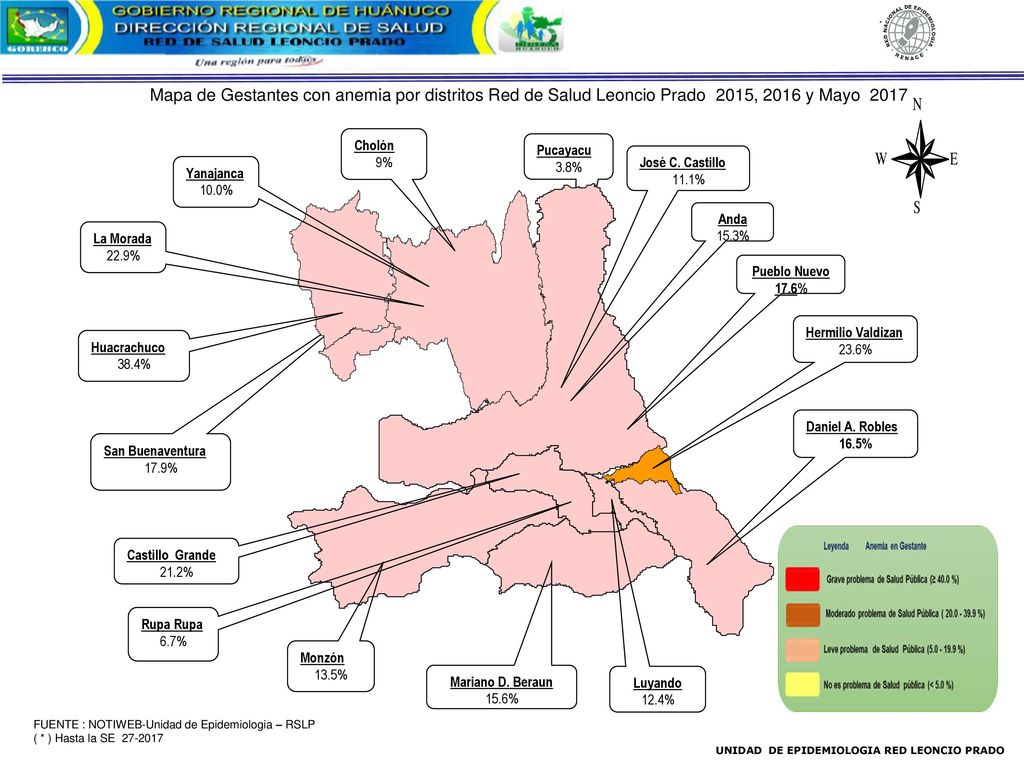 Mapa de Gestantes con anemia por distritos Red de Salud Leoncio Prado 2015, 2016 y Mayo 2017