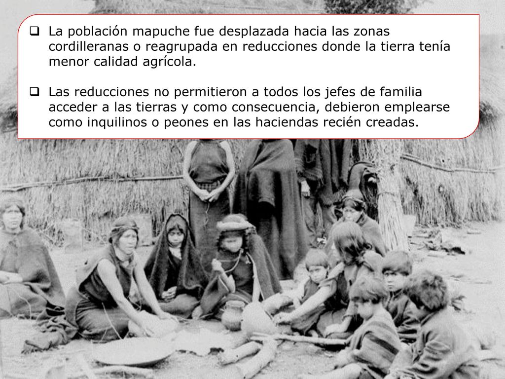 La población mapuche fue desplazada hacia las zonas cordilleranas o reagrupada en reducciones donde la tierra tenía menor calidad agrícola.