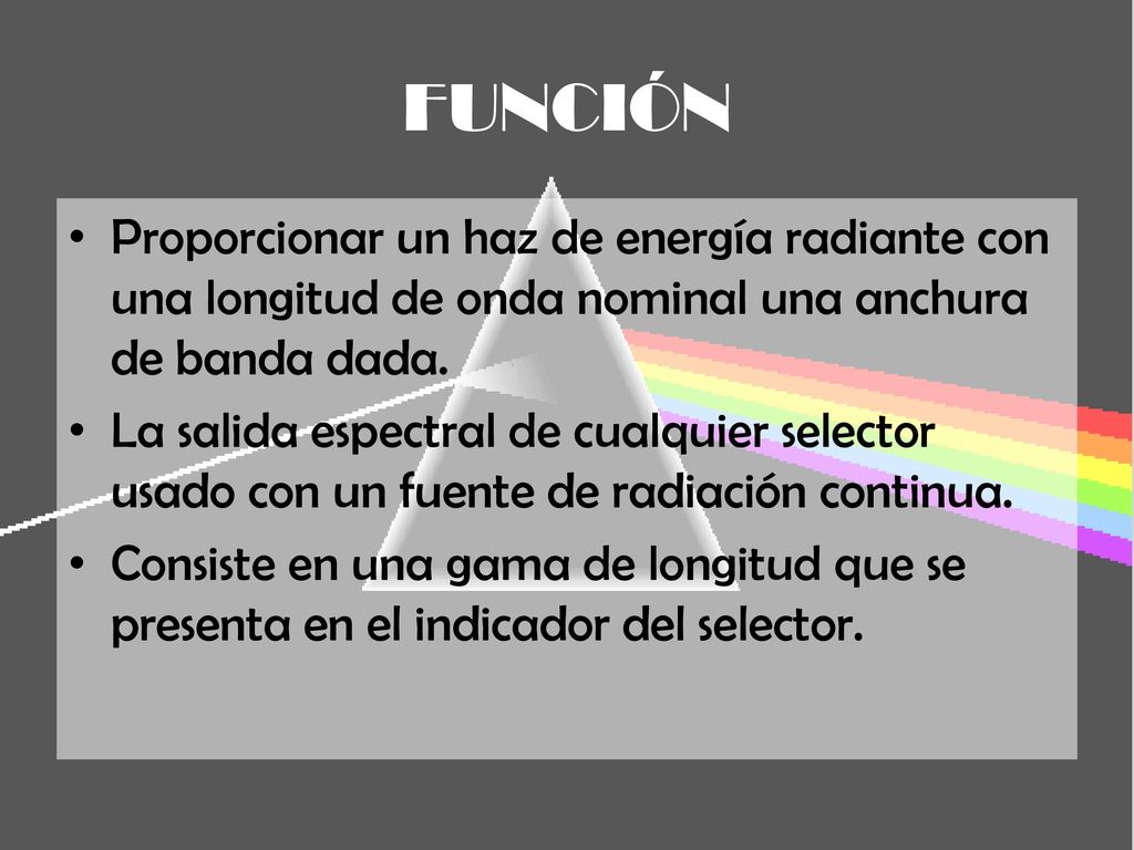 FUNCIÓN Proporcionar un haz de energía radiante con una longitud de onda nominal una anchura de banda dada.