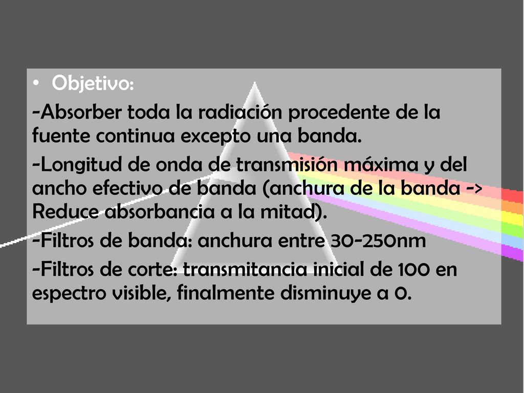 Objetivo: -Absorber toda la radiación procedente de la fuente continua excepto una banda.