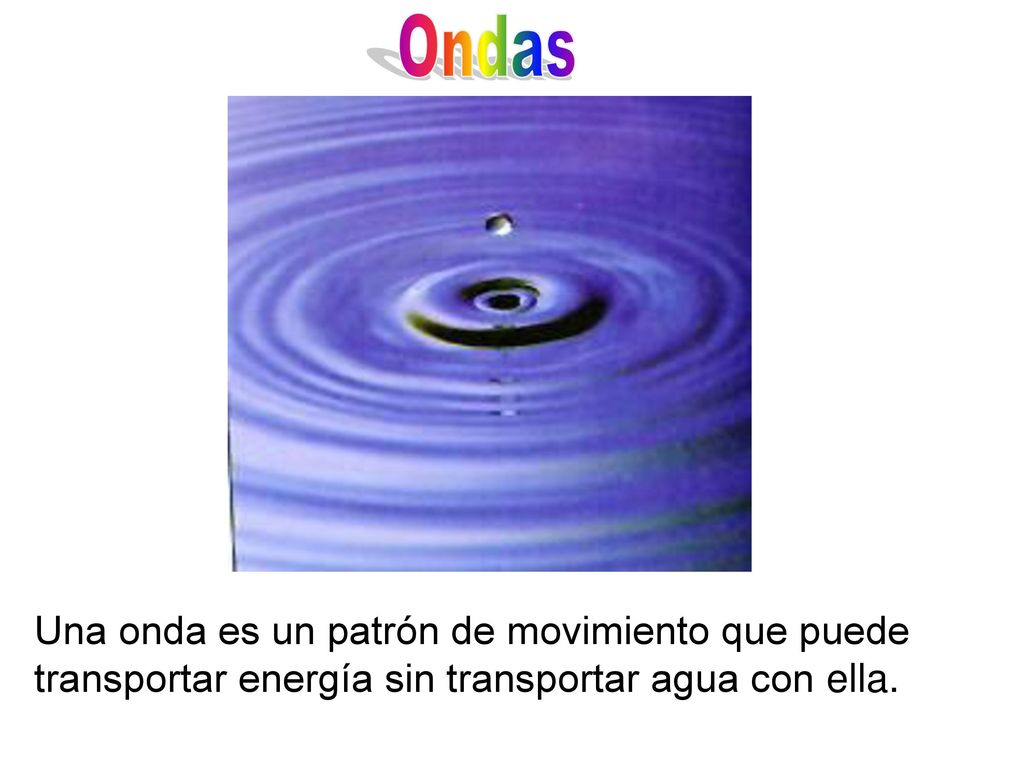 Ondas Una onda es un patrón de movimiento que puede transportar energía sin transportar agua con ella.