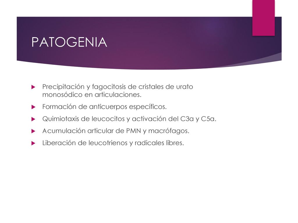 PATOGENIA Precipitación y fagocitosis de cristales de urato monosódico en articulaciones. Formación de anticuerpos específicos.