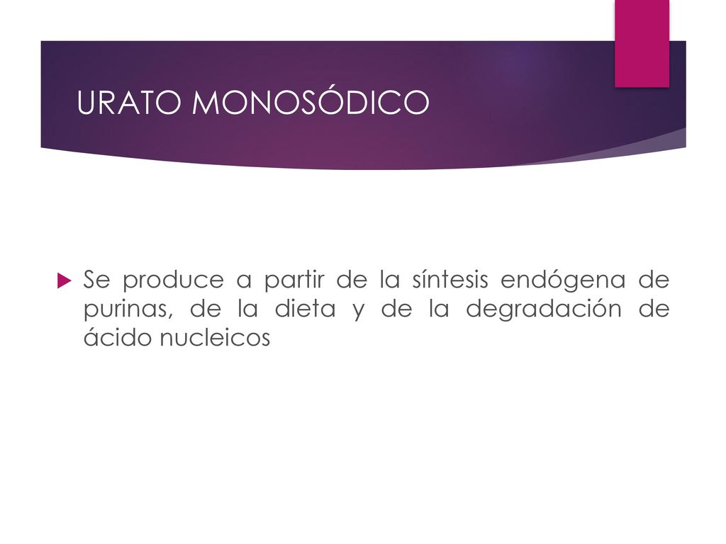 URATO MONOSÓDICO Se produce a partir de la síntesis endógena de purinas, de la dieta y de la degradación de ácido nucleicos.