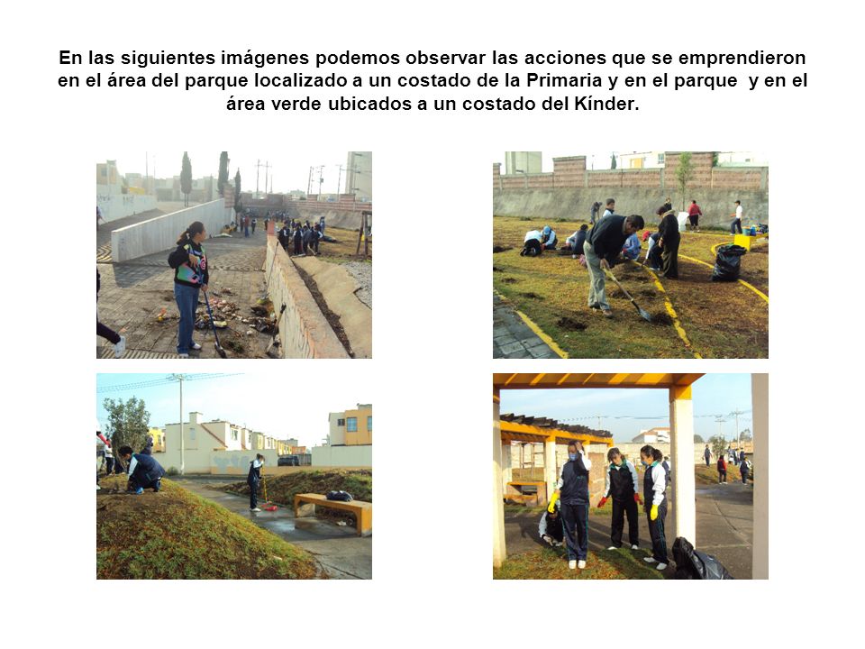En las siguientes imágenes podemos observar las acciones que se emprendieron en el área del parque localizado a un costado de la Primaria y en el parque y en el área verde ubicados a un costado del Kínder.
