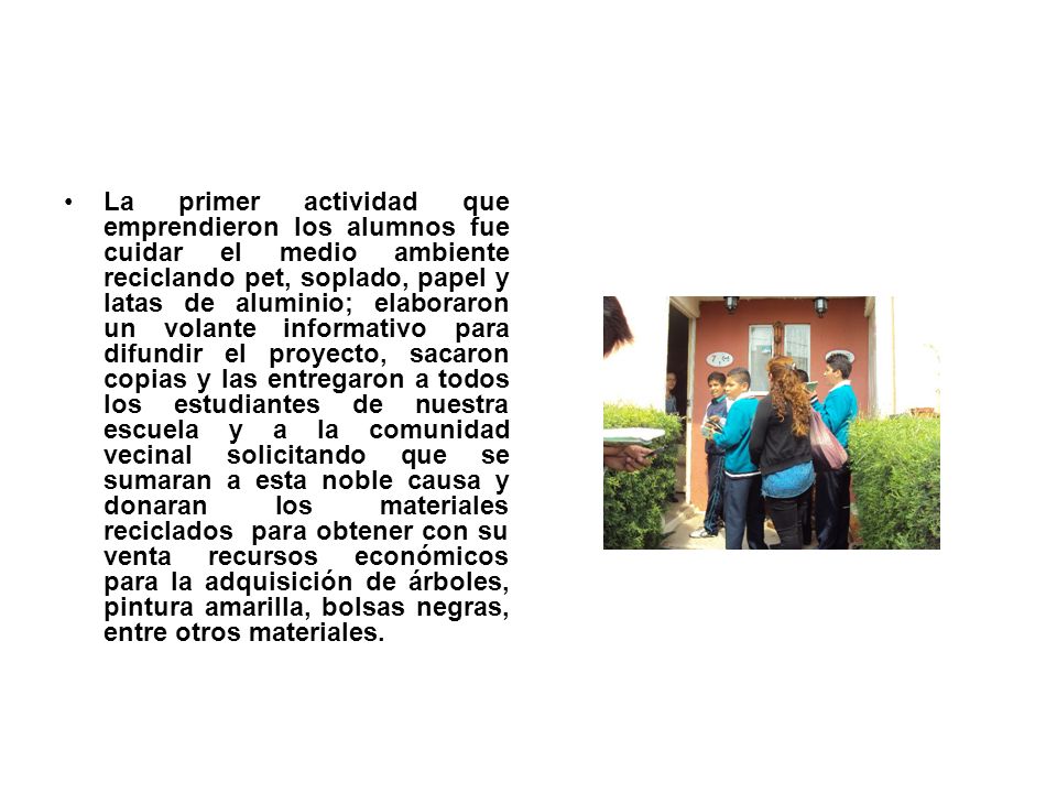 La primer actividad que emprendieron los alumnos fue cuidar el medio ambiente reciclando pet, soplado, papel y latas de aluminio; elaboraron un volante informativo para difundir el proyecto, sacaron copias y las entregaron a todos los estudiantes de nuestra escuela y a la comunidad vecinal solicitando que se sumaran a esta noble causa y donaran los materiales reciclados para obtener con su venta recursos económicos para la adquisición de árboles, pintura amarilla, bolsas negras, entre otros materiales.