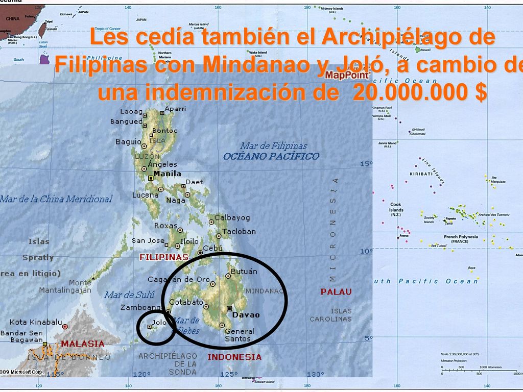 Les cedía también el Archipiélago de Filipinas con Mindanao y Joló, a cambio de una indemnización de $