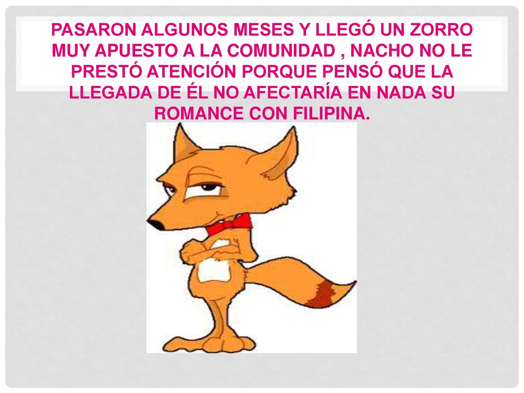 Pasaron algunos meses y llegó un zorro muy apuesto a la comunidad , nacho no le prestó atención porque pensó que la llegada de él no afectaría en nada su romance con Filipina.