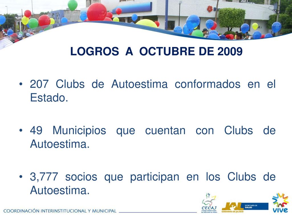 LOGROS A OCTUBRE DE Clubs de Autoestima conformados en el Estado. 49 Municipios que cuentan con Clubs de Autoestima.