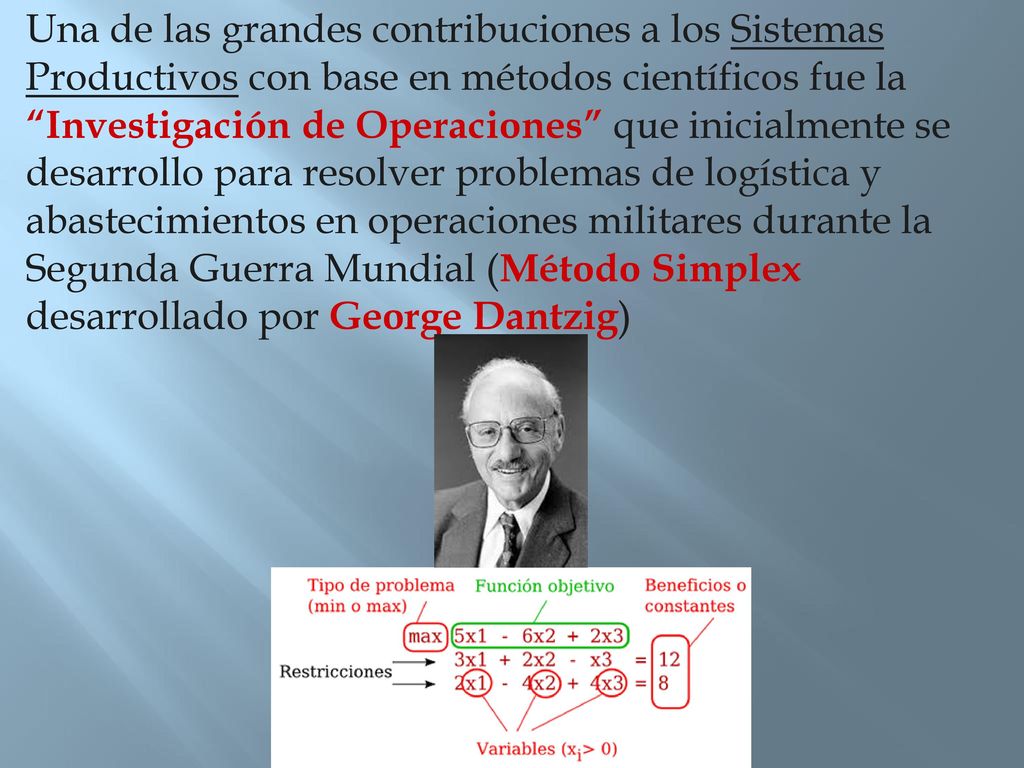 Una de las grandes contribuciones a los Sistemas Productivos con base en métodos científicos fue la Investigación de Operaciones que inicialmente se desarrollo para resolver problemas de logística y abastecimientos en operaciones militares durante la Segunda Guerra Mundial (Método Simplex desarrollado por George Dantzig)