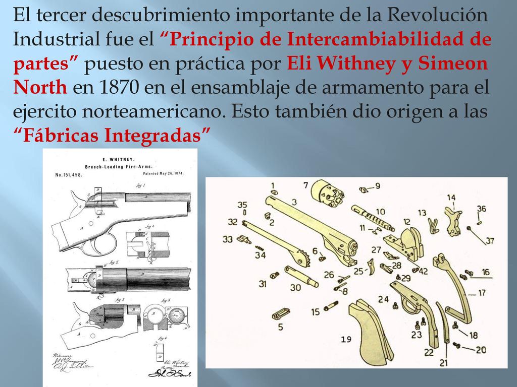 El tercer descubrimiento importante de la Revolución Industrial fue el Principio de Intercambiabilidad de partes puesto en práctica por Eli Withney y Simeon North en 1870 en el ensamblaje de armamento para el ejercito norteamericano.