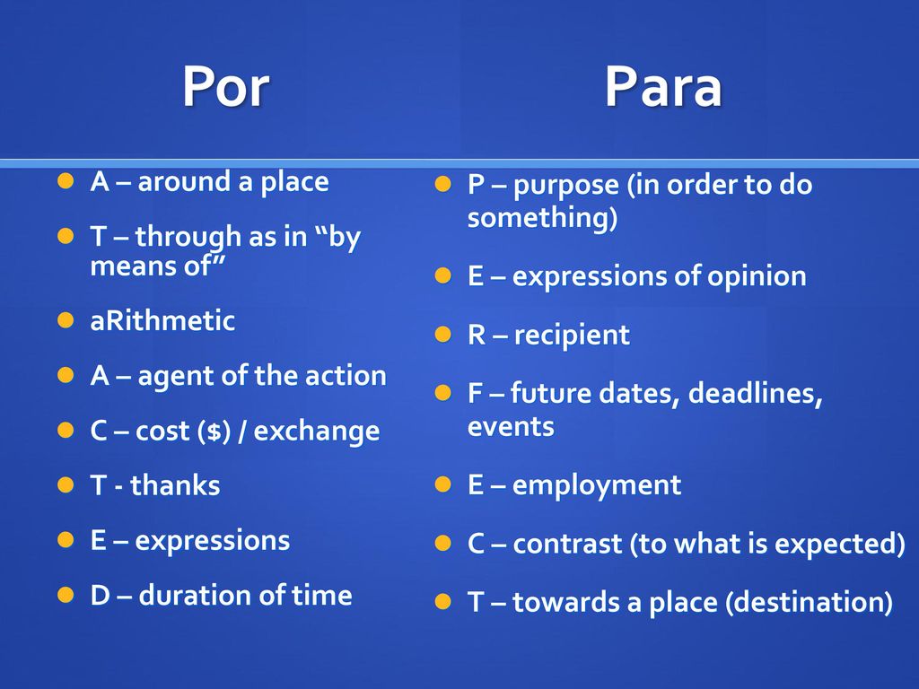 Por Para A – around a place T – through as in by means of aRithmetic