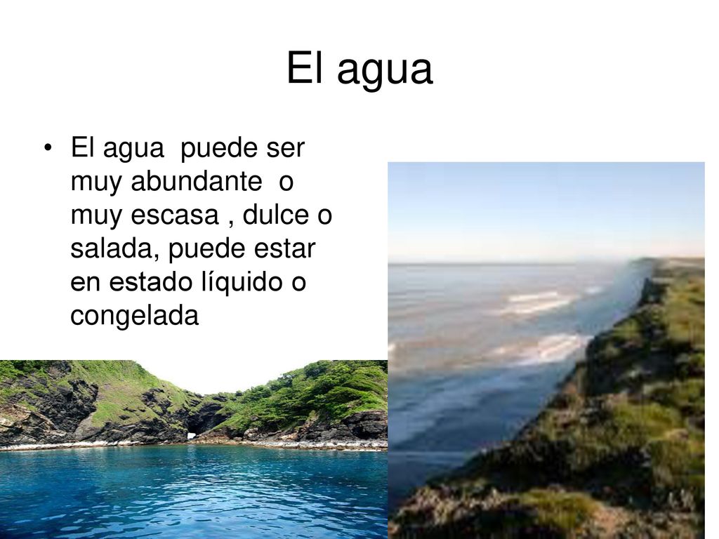 El agua El agua puede ser muy abundante o muy escasa , dulce o salada, puede estar en estado líquido o congelada.