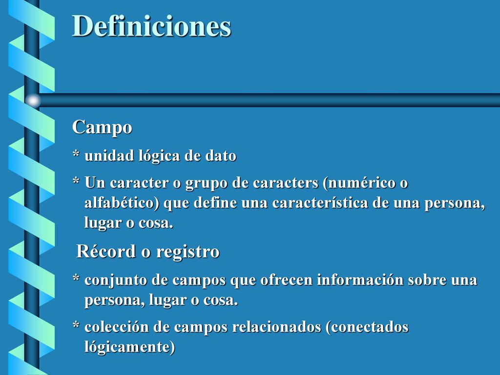 Definiciones Campo Récord o registro * unidad lógica de dato