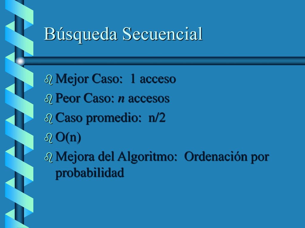 Búsqueda Secuencial Mejor Caso: 1 acceso Peor Caso: n accesos