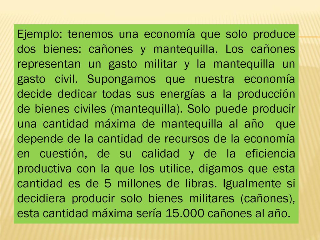 Ejemplo: tenemos una economía que solo produce dos bienes: cañones y mantequilla.
