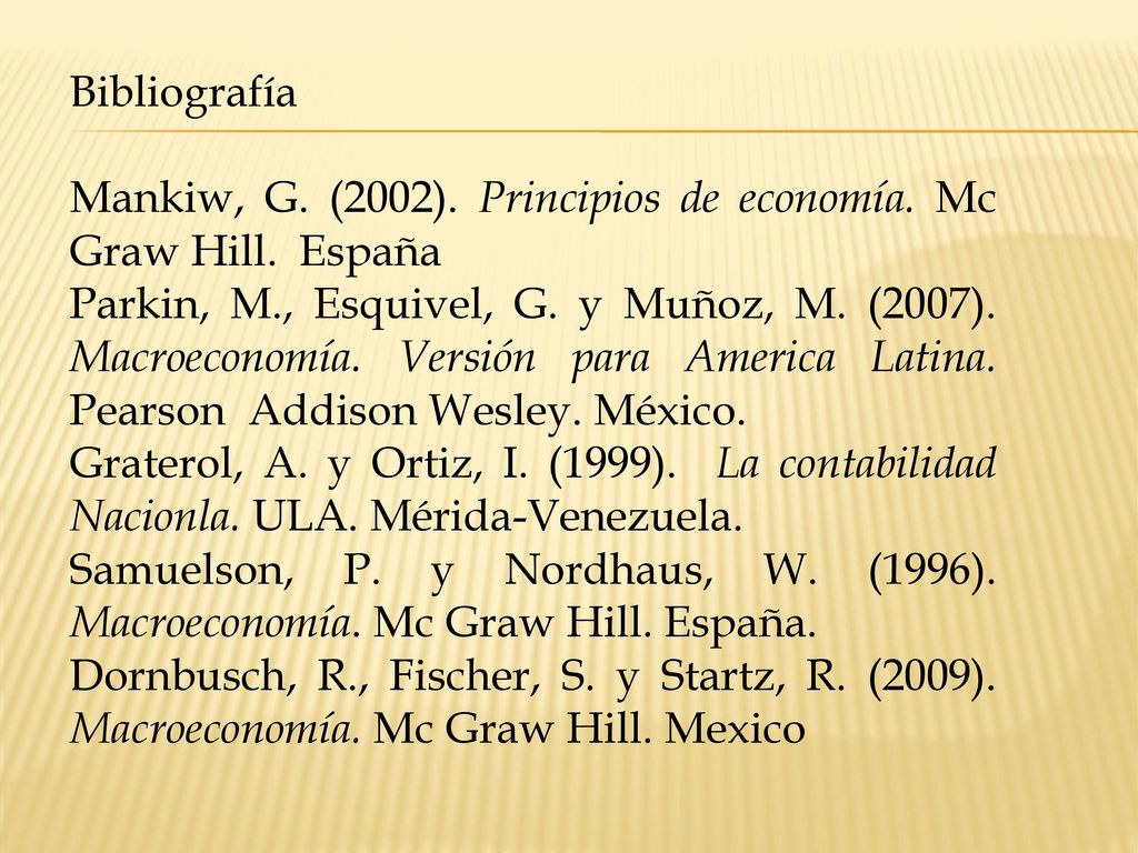 Bibliografía Mankiw, G. (2002). Principios de economía. Mc Graw Hill. España.