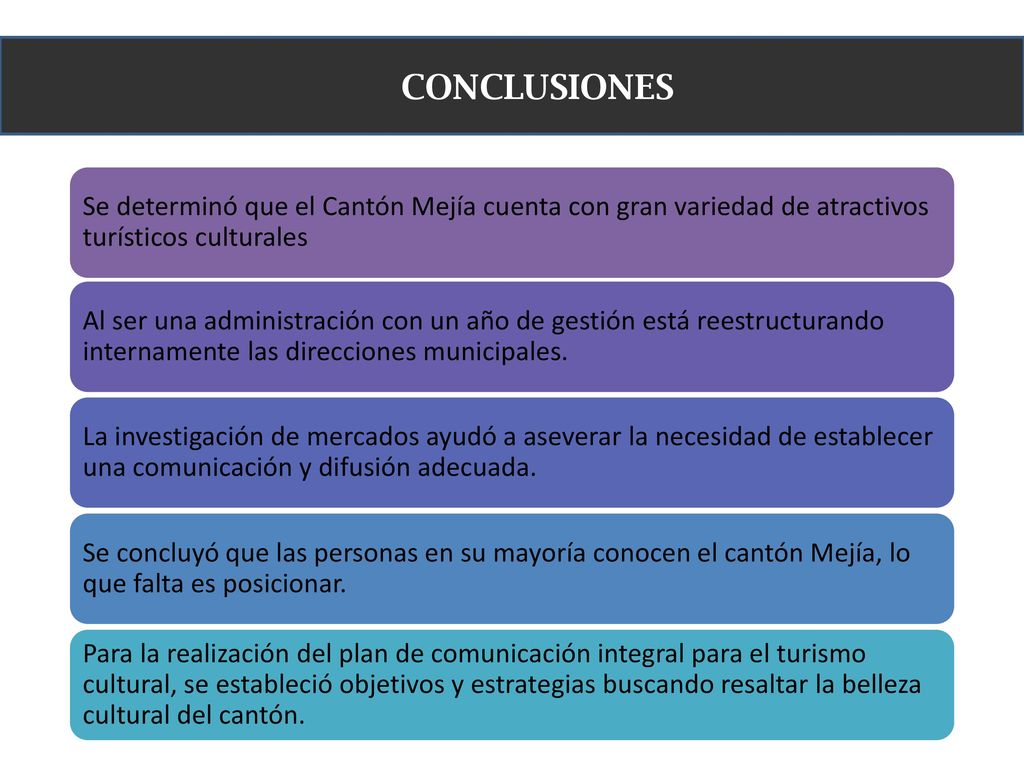 CONCLUSIONES Se determinó que el Cantón Mejía cuenta con gran variedad de atractivos turísticos culturales.