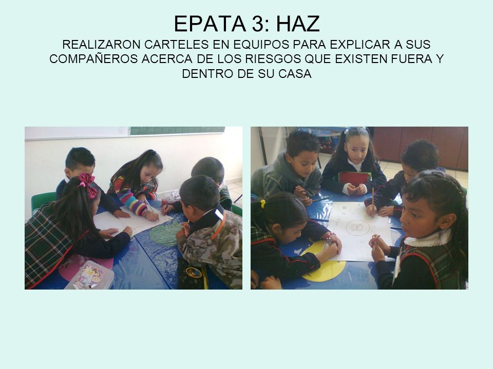 EPATA 3: HAZ REALIZARON CARTELES EN EQUIPOS PARA EXPLICAR A SUS COMPAÑEROS ACERCA DE LOS RIESGOS QUE EXISTEN FUERA Y DENTRO DE SU CASA