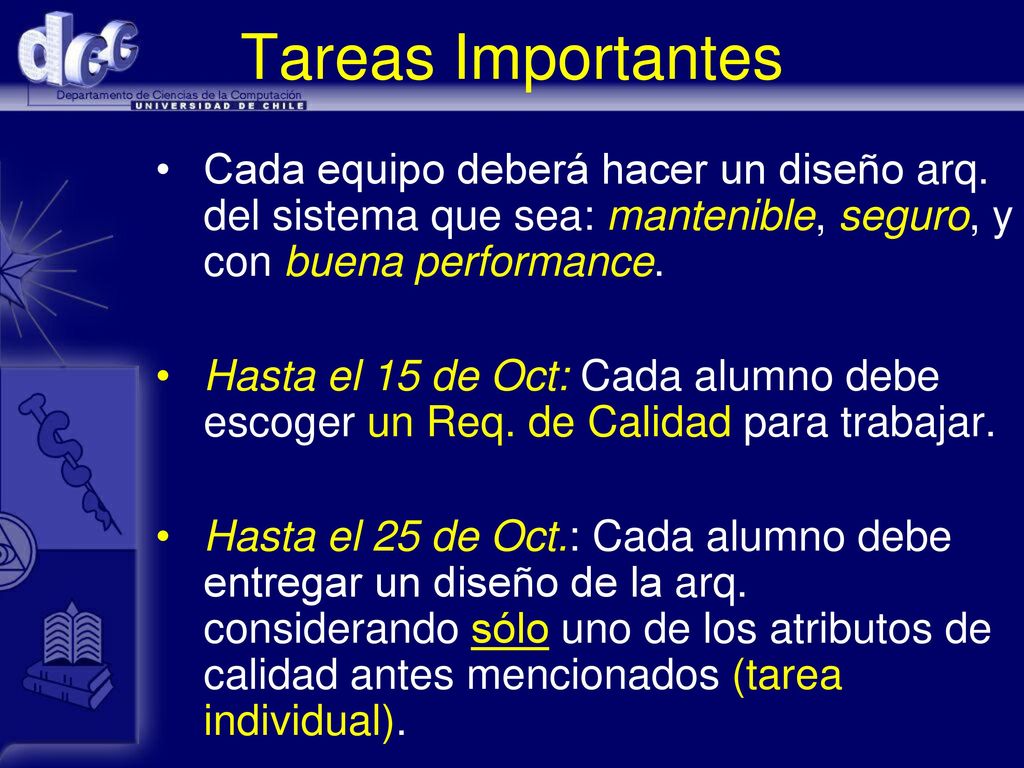 Tareas Importantes Cada equipo deberá hacer un diseño arq. del sistema que sea: mantenible, seguro, y con buena performance.