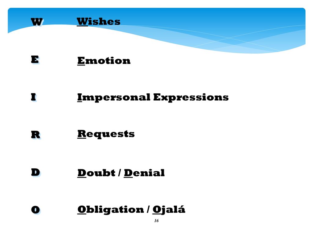 W E I R D O Wishes Emotion Impersonal Expressions Requests Doubt / Denial Obligation / Ojalá