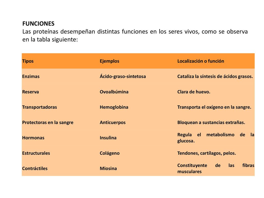 FUNCIONES Las proteínas desempeñan distintas funciones en los seres vivos, como se observa en la tabla siguiente: