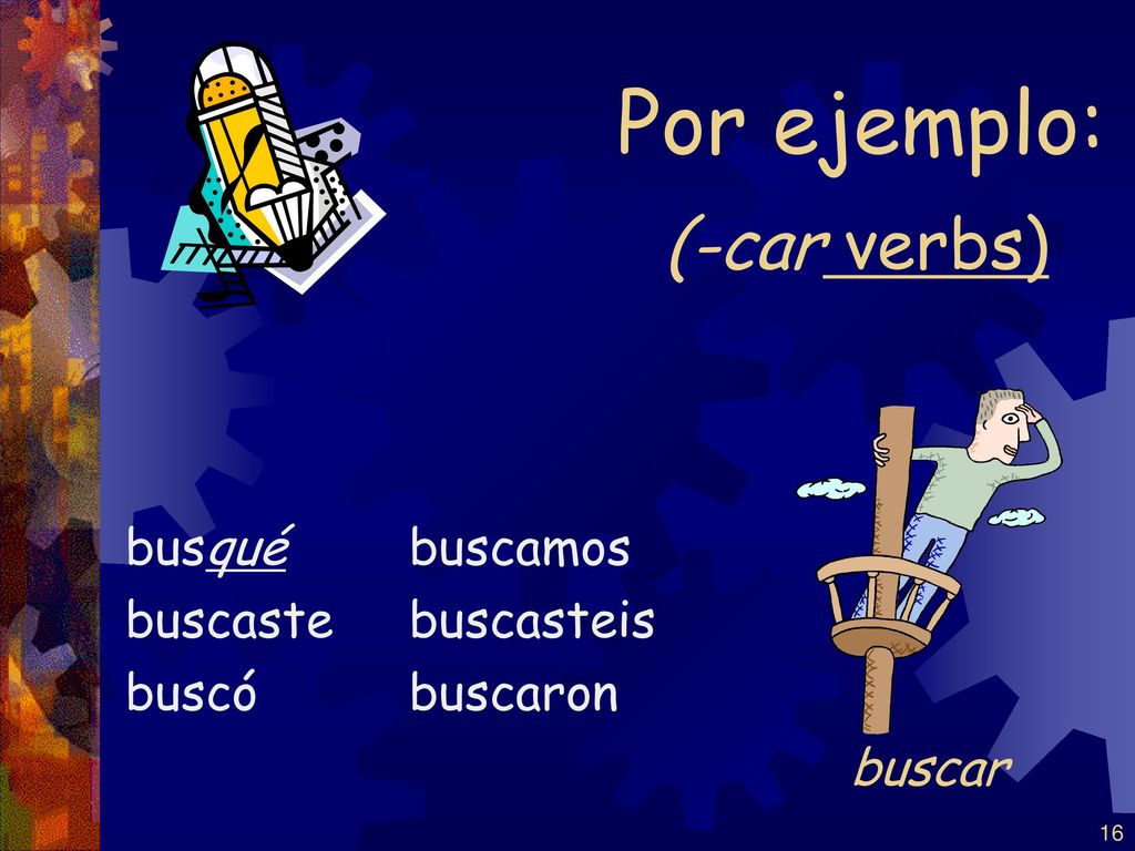Por ejemplo: (-car verbs) buscar busqué buscaste buscó buscamos