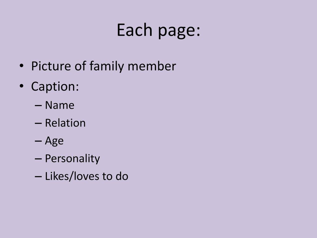 Each page: Picture of family member Caption: Name Relation Age