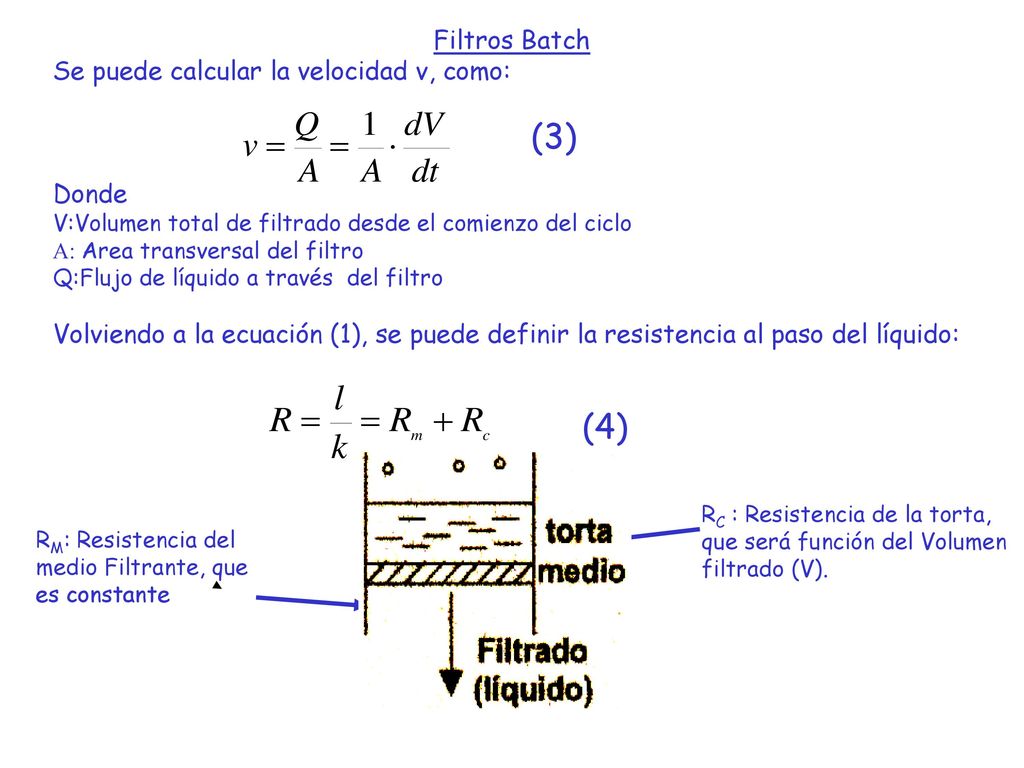 (3) (4) Filtros Batch Se puede calcular la velocidad v, como: Donde