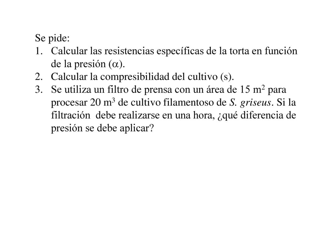 Se pide: Calcular las resistencias específicas de la torta en función de la presión (a). Calcular la compresibilidad del cultivo (s).