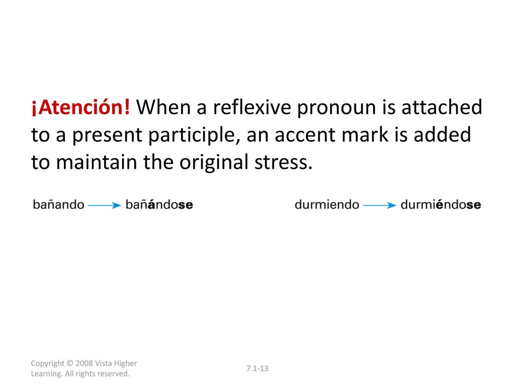 ¡Atención! When a reflexive pronoun is attached to a present participle, an accent mark is added to maintain the original stress.
