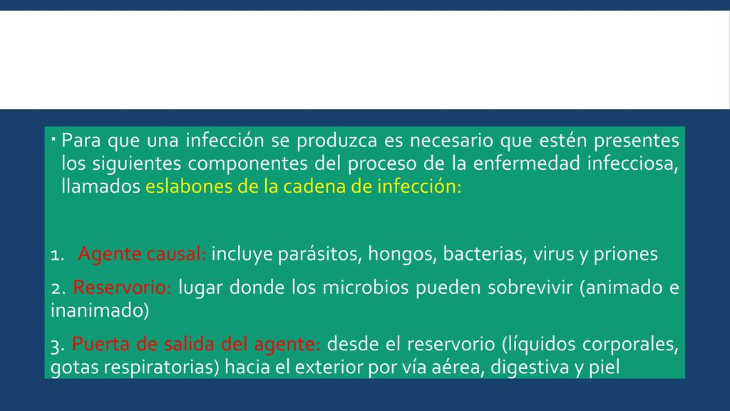 Para que una infección se produzca es necesario que estén presentes los siguientes componentes del proceso de la enfermedad infecciosa, llamados eslabones de la cadena de infección: