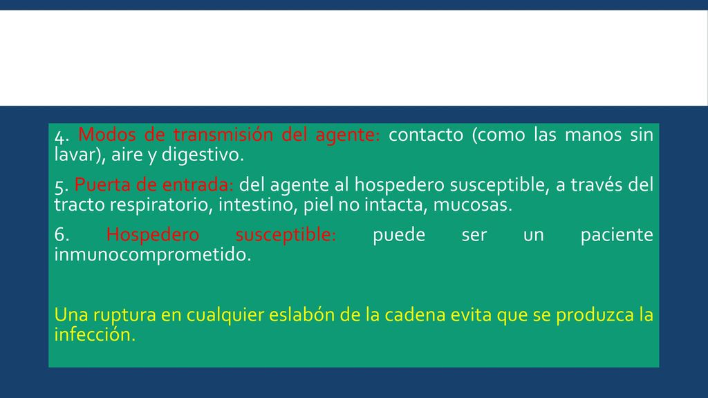 4. Modos de transmisión del agente: contacto (como las manos sin lavar), aire y digestivo.