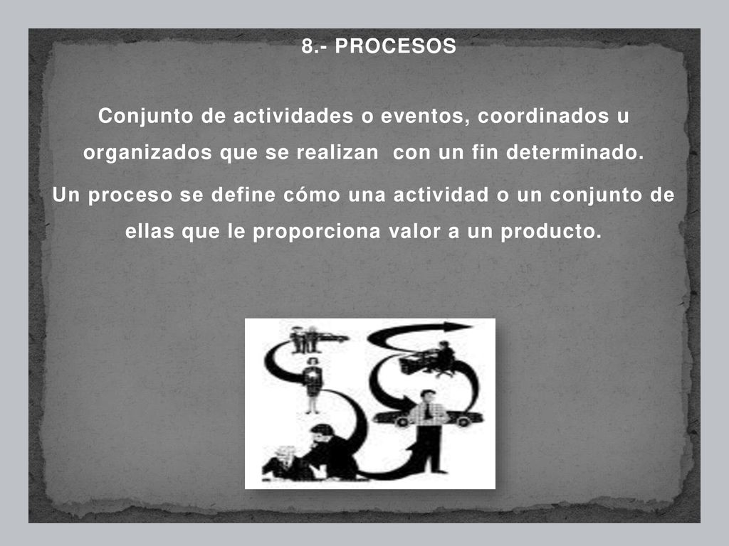 8.- PROCESOS Conjunto de actividades o eventos, coordinados u organizados que se realizan con un fin determinado.