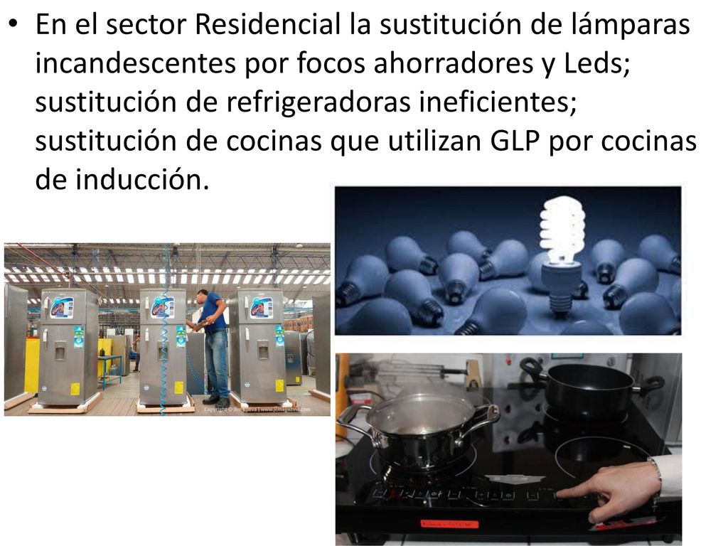 En el sector Residencial la sustitución de lámparas incandes­centes por focos ahorradores y Leds; sustitución de refrigeradoras ineficientes; sustitución de cocinas que utilizan GLP por cocinas de inducción.